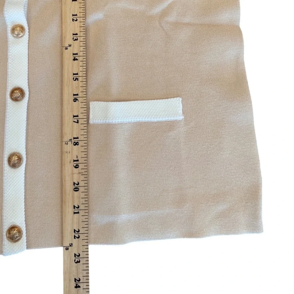 Hobemty Womens Tan White Contrast Knit Cardigan Sweater Gold Button Jacket L